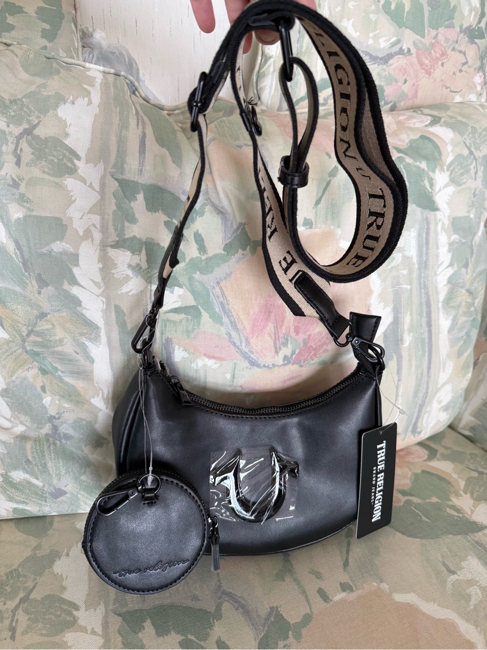 True Religion Mini Crescent Hobo Crossbody Bag Black Logo Strap